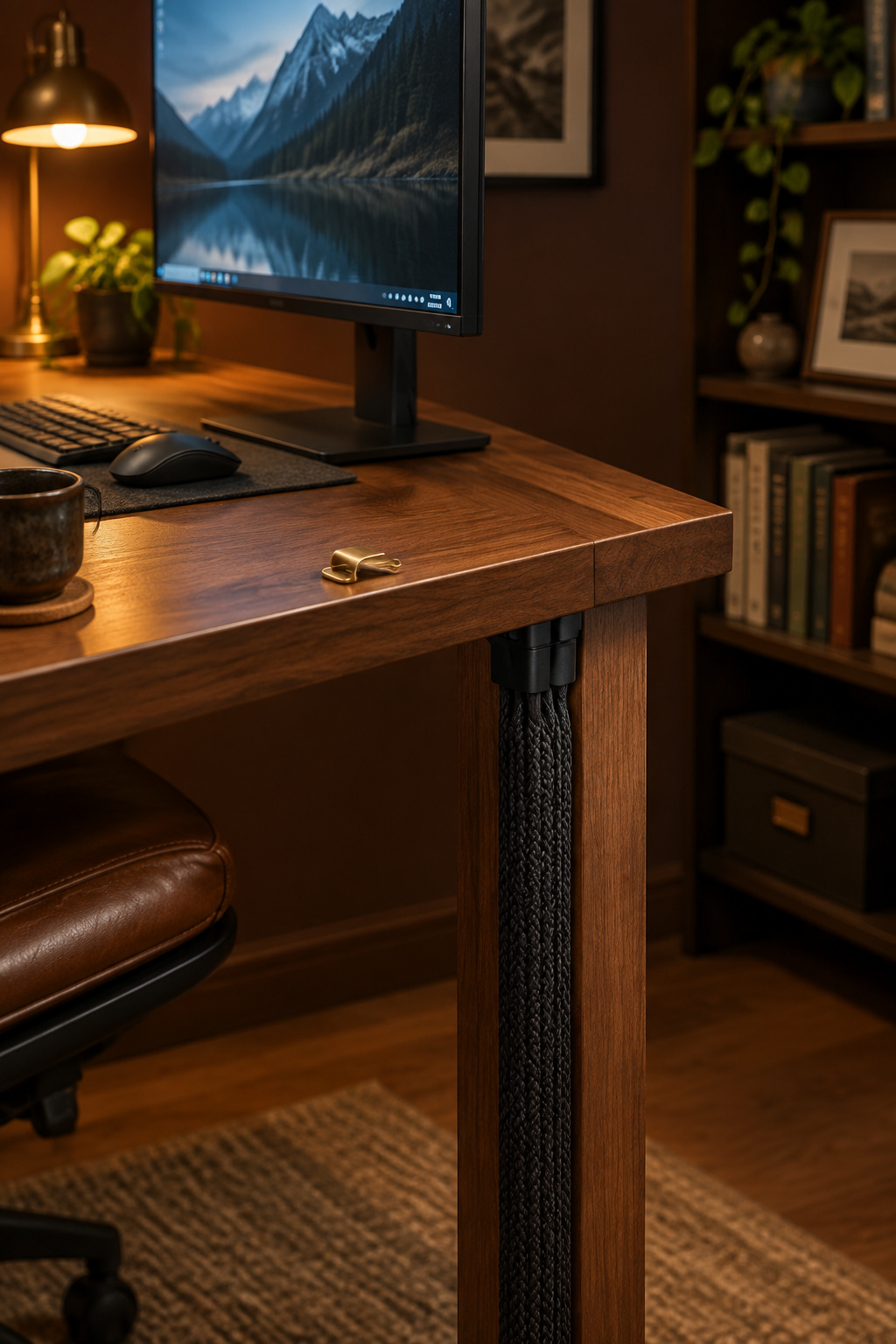 Slim monitor on a wood desk with its cables gathered into a woven cable sleeve running down the table leg