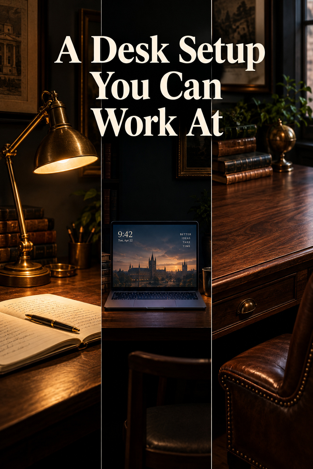Three-panel dark academia desk setup collage: lit brass lamp over a notebook, a laptop screen glowing against a dark wall, and a walnut desk beside a leather chair