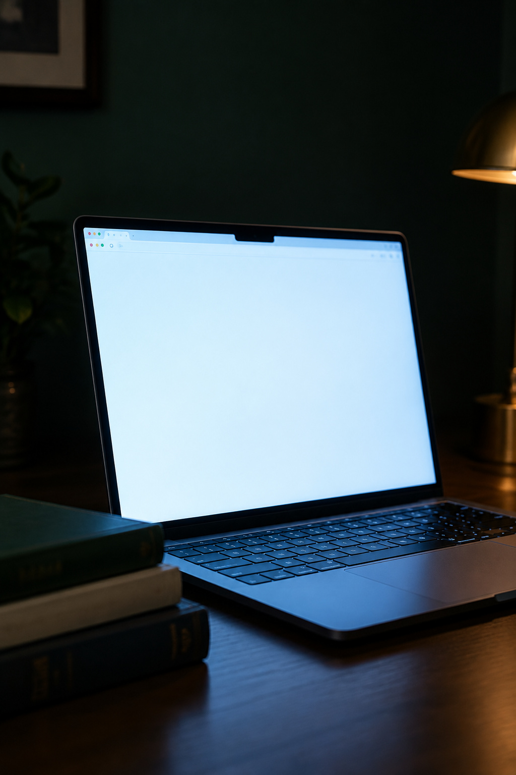 Laptop screen glowing brightly against a near-black bottle green wall in a dark academia study corner