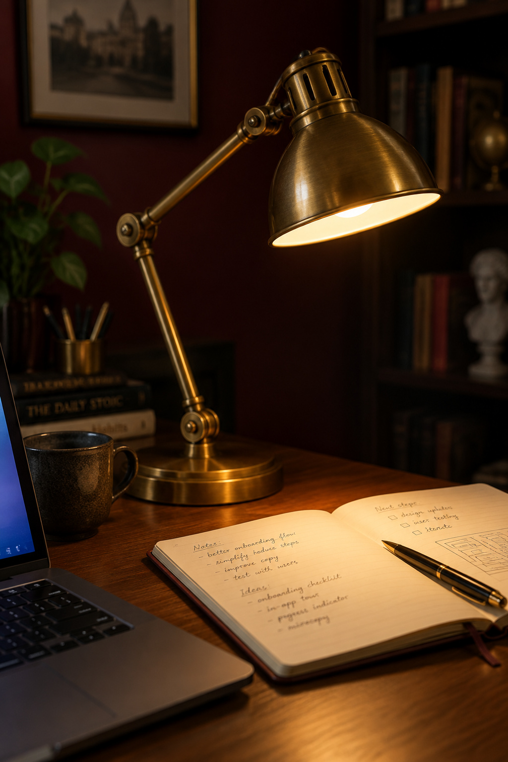 Brass articulating desk lamp casting warm light on an open notebook page next to a laptop