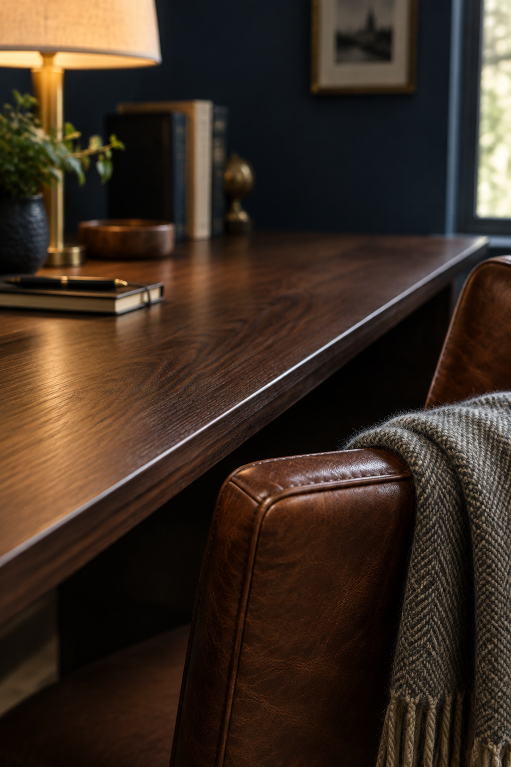 Dark low-sheen walnut desk surface beside the leather arm of a chair, with a folded wool throw