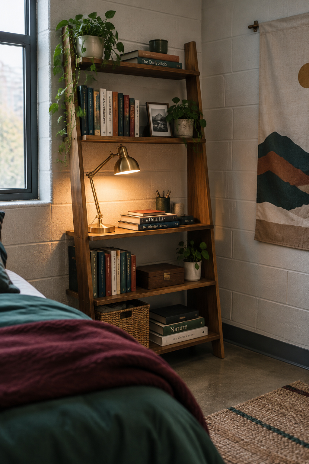 Dark academia dorm room corner with a freestanding book ladder shelf, brass lamp, and a fabric panel hung on a painted cinder-block wall