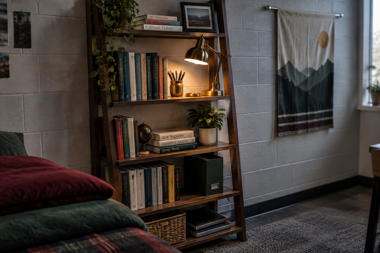 Dark academia dorm room corner with a freestanding book ladder shelf, brass lamp, and a fabric panel hung on a painted cinder-block wall