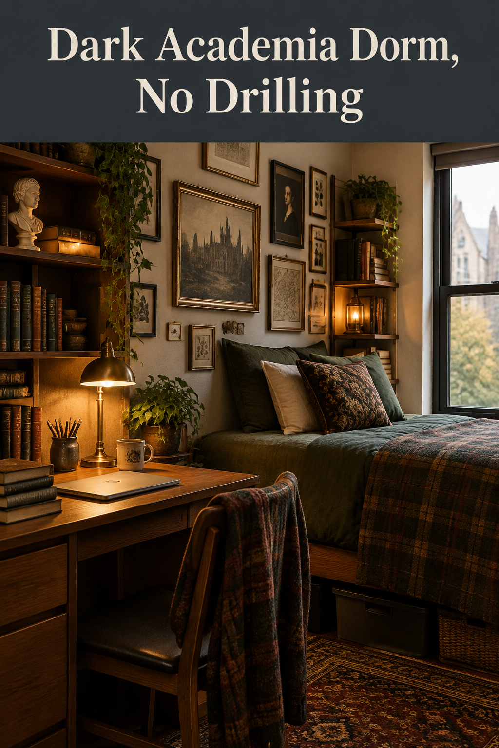 Pinterest pin collage of three dark academia dorm room decor ideas: adhesive hooks on cinder block, crate shelving, and packed bedding, titled Dark Academia Dorm, No Drilling