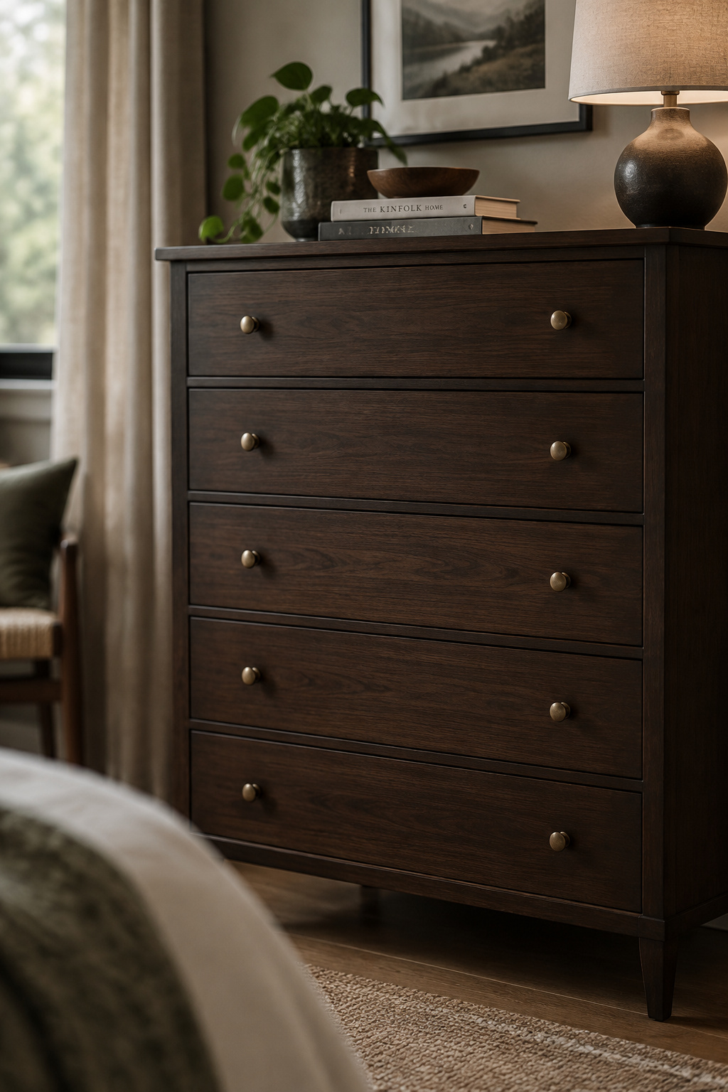 Dark wood chest of drawers with dovetailed fronts and brass pulls, with a bookcase and desk visible softly blurred behind it