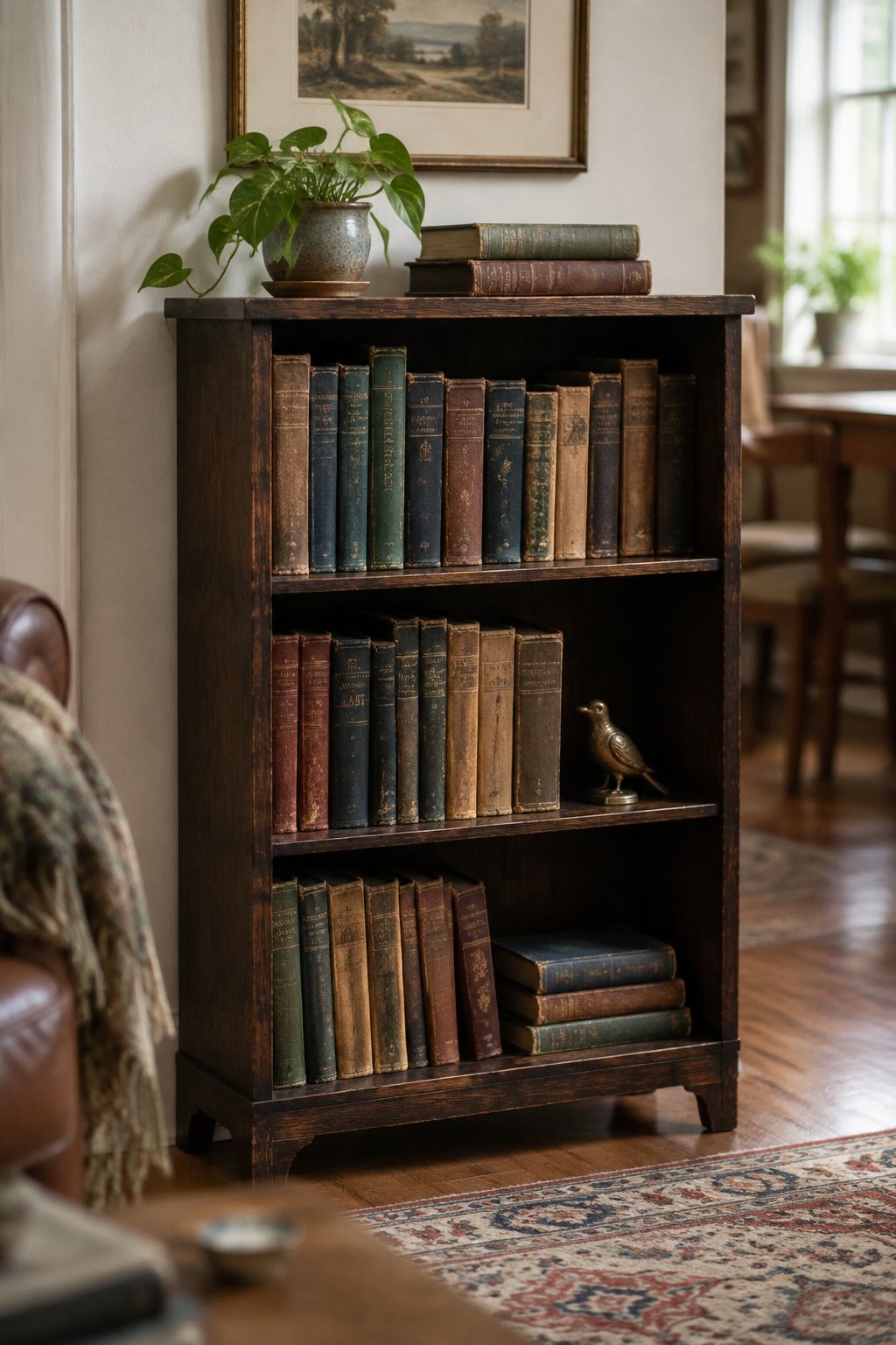 A small freestanding dark wood bookcase judged as its own furniture piece, standing apart from a bedroom wall