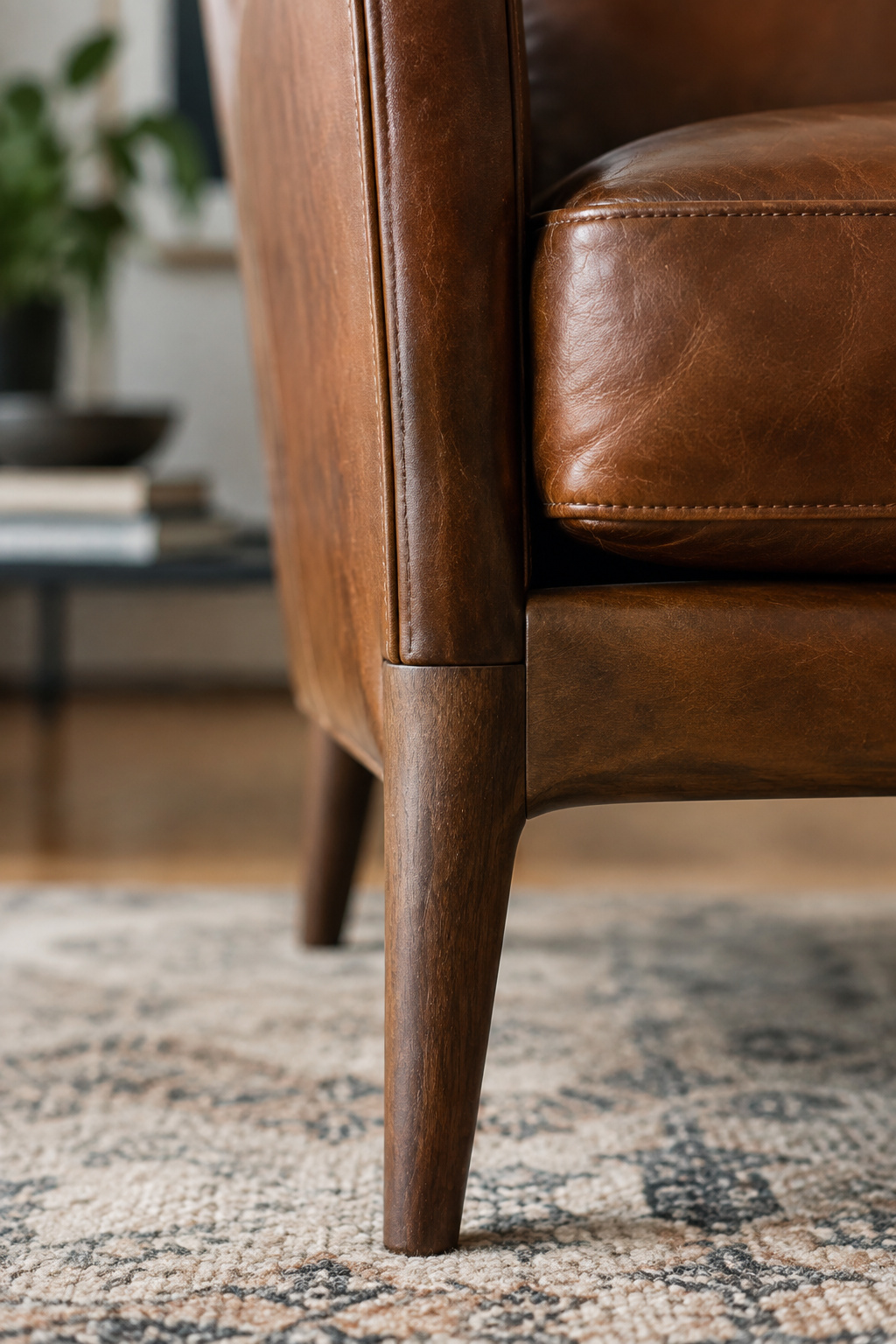 Close-up of a leather armchair's leg and frame joint, with a small magnifying loupe resting on the seat cushion
