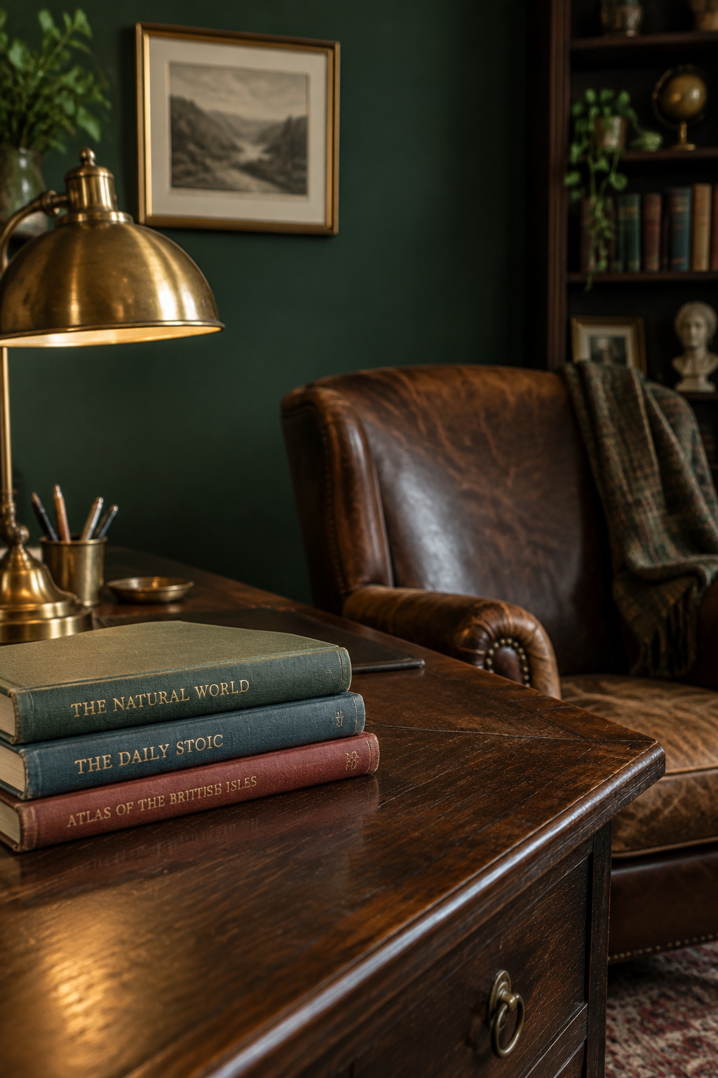 Dark wood writing desk with dovetailed drawers beside a worn leather armchair in a lamplit dark academia bedroom corner