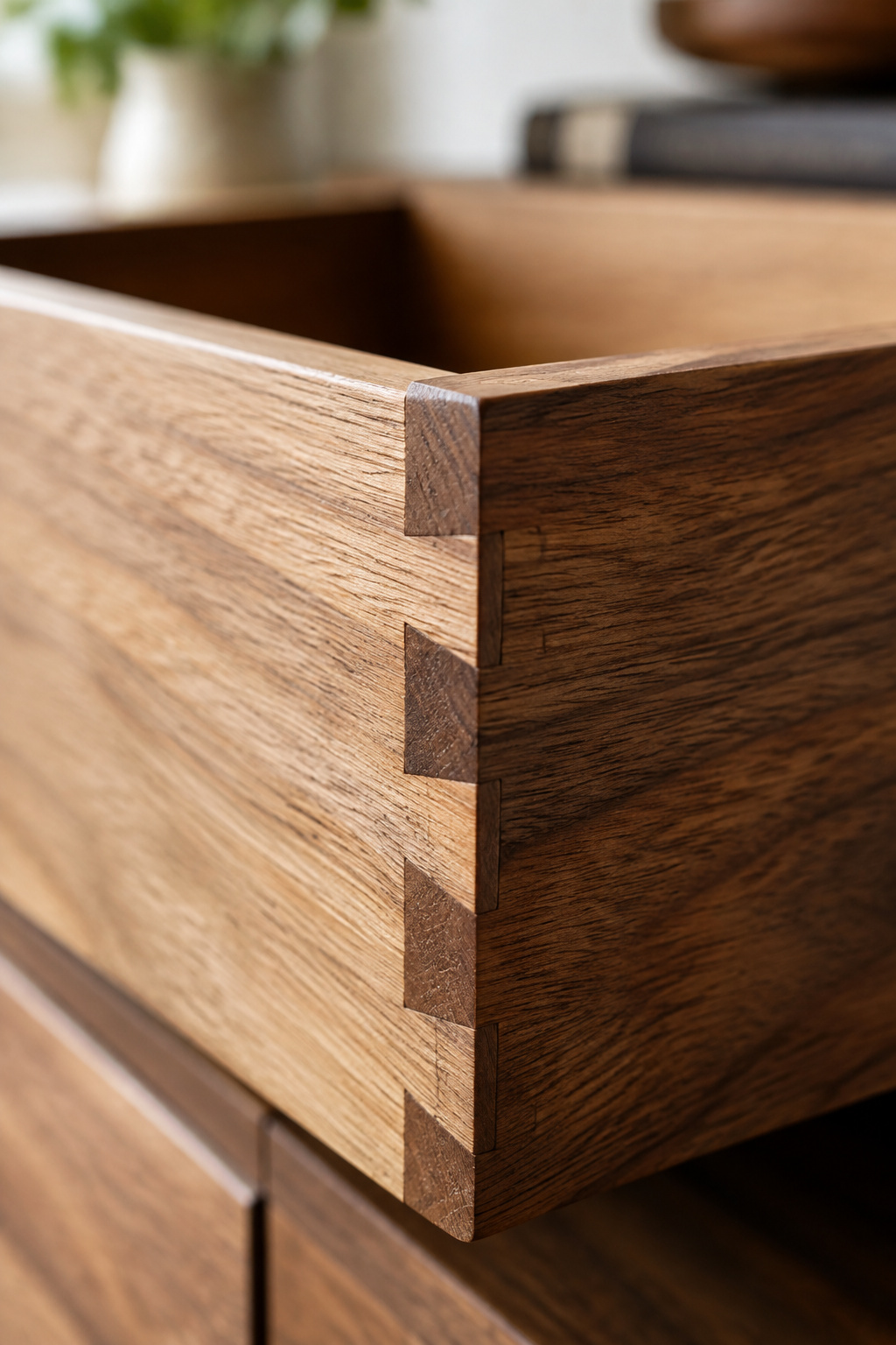 Close-up of a dovetail joint at a drawer corner, showing uneven pin spacing and visible saw overcuts typical of pre-machine-age construction