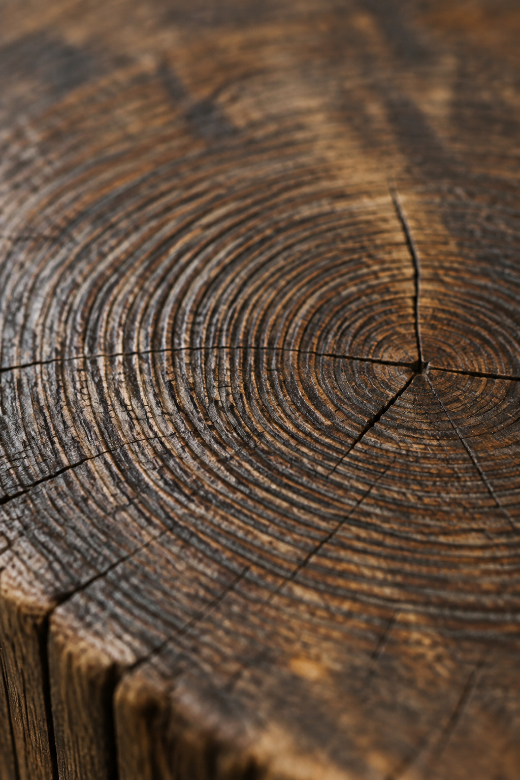 Macro view of tightly spaced growth rings in the end grain of an old dark wood tabletop