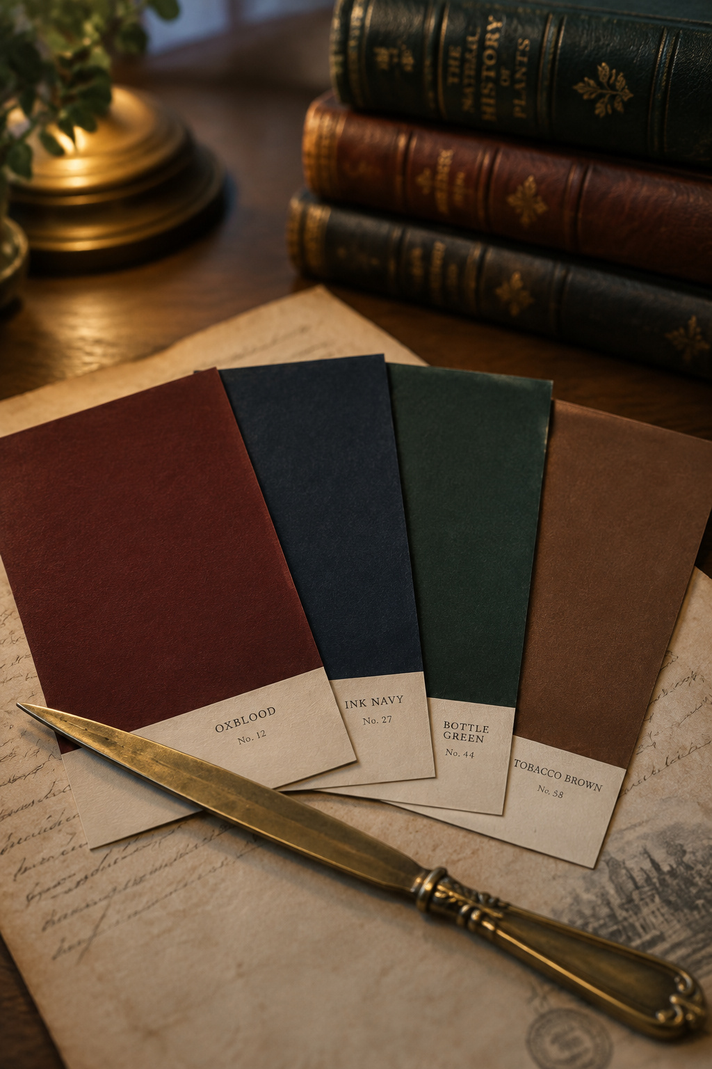 Four dark academia paint swatches — oxblood, ink navy, bottle green and tobacco brown — fanned on aged paper under warm lamplight