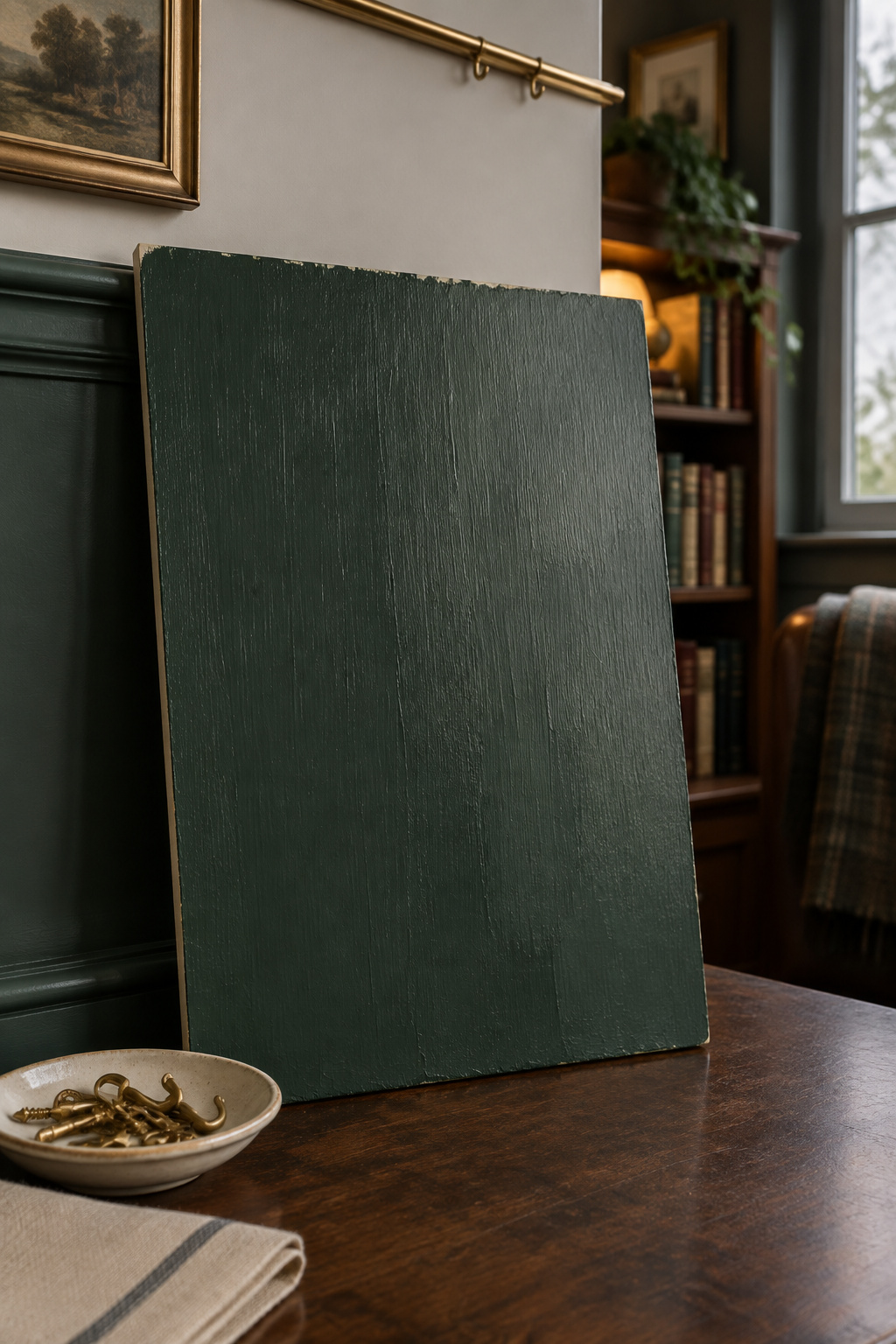 A large painted sample board in deep bottle green leaning against a matching panelled bedroom wall, tested under warm lamplight