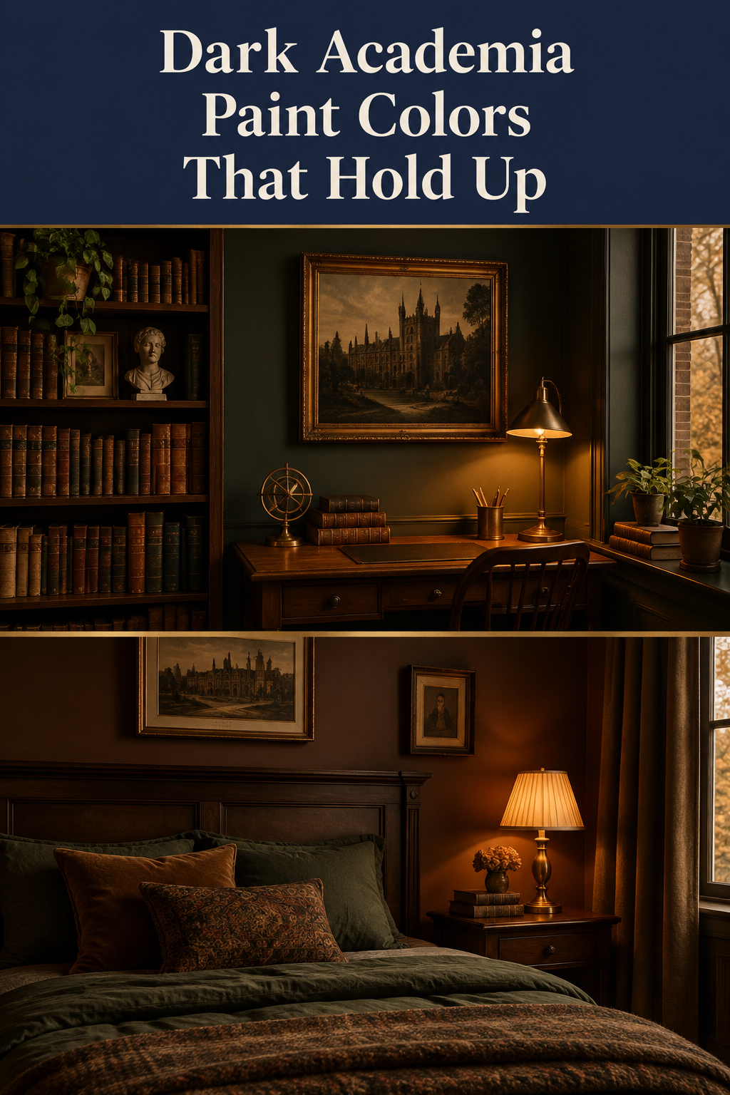 Pinterest pin collage showing four dark academia paint swatches above a bottle-green bedroom wall with a picture rail, headline Dark Academia Paint Colors That Hold Up