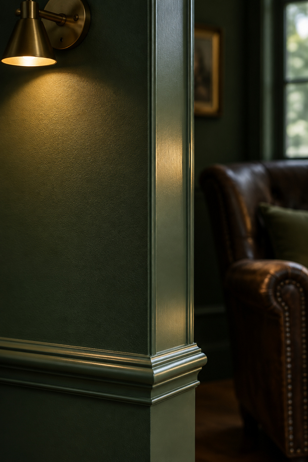 Close-up of a bedroom wall corner where matte bottle-green paint meets a satin-finished trim edge under warm sconce light