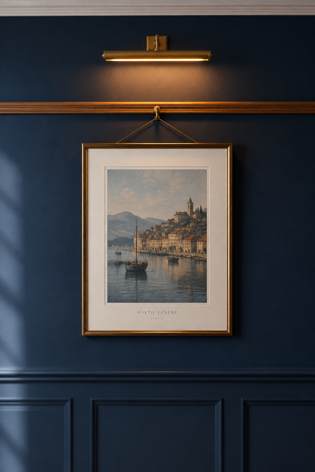 Deep ink-navy bedroom wall with a wood picture rail and a small framed print hanging from a brass hook and wire