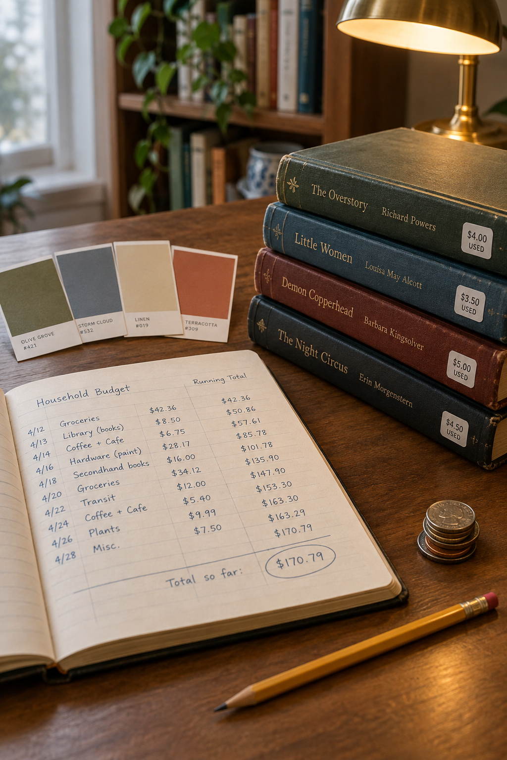 A handwritten budget ledger beside paint swatches and a stack of secondhand hardcover books with visible price stickers on a wood desk