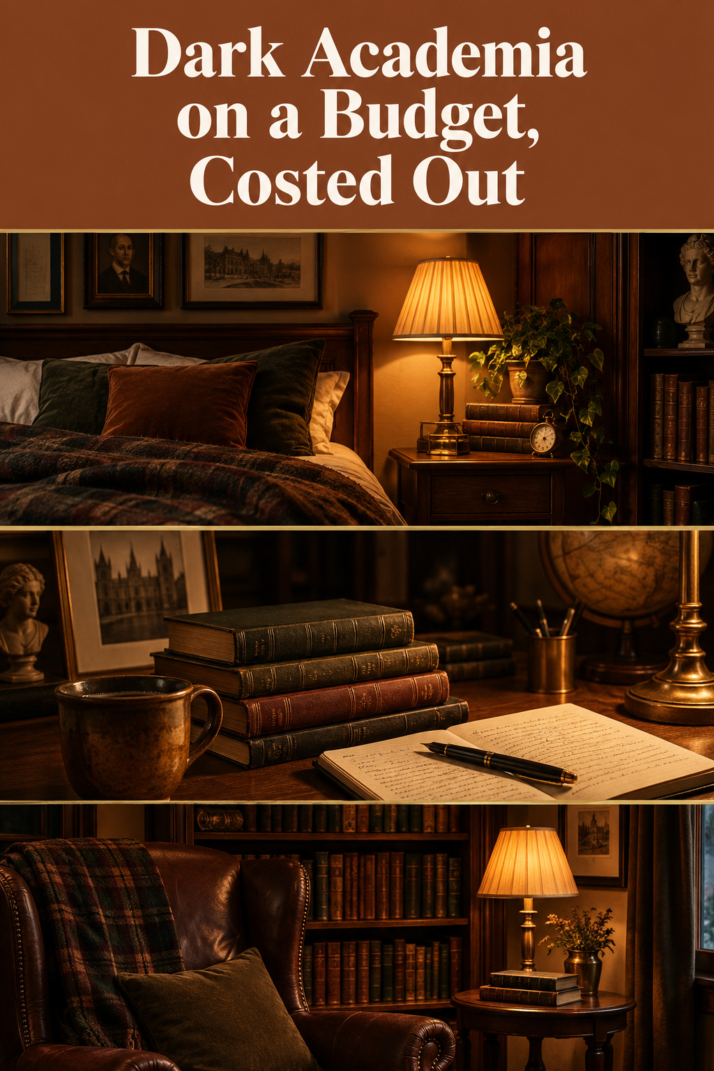 Pinterest pin collage showing secondhand books with price stickers, a brush painting dark trim, and a thrifted dresser drawer with a price tag, headline Dark Academia on a Budget Costed Out