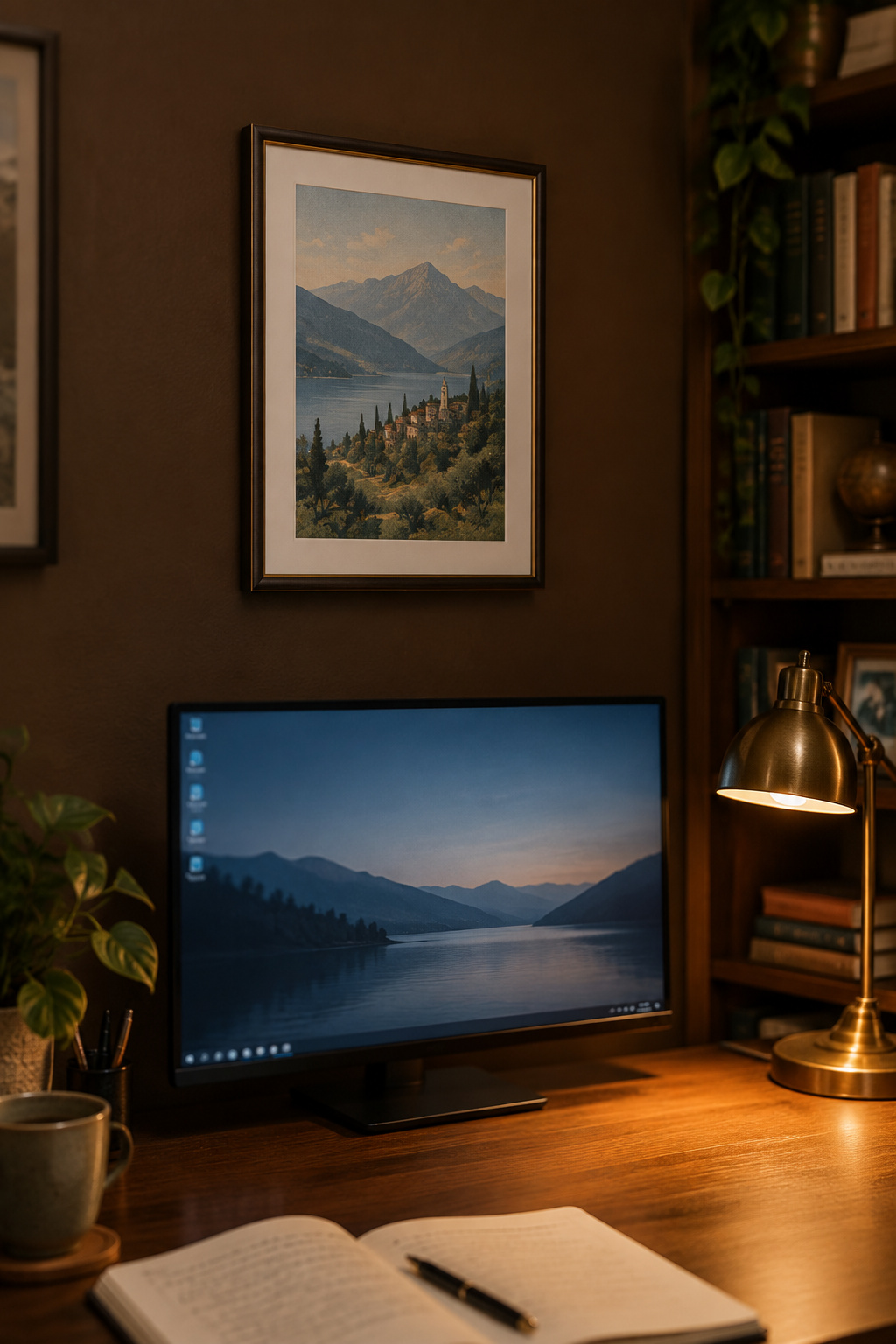 Small framed print hung above a desk with a clear gap between the frame and the top of a slim monitor