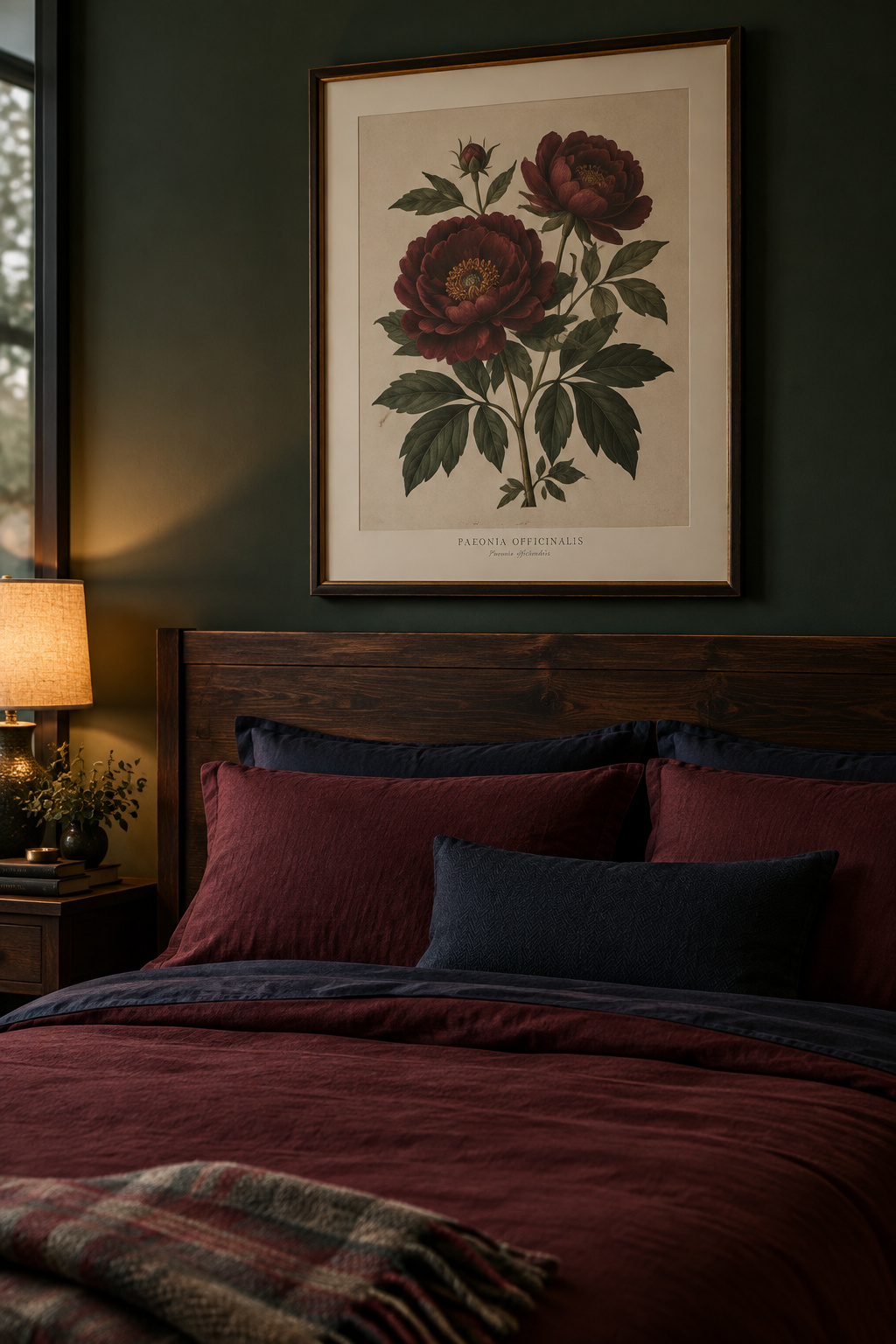 Framed botanical print hung a few inches above a dark wood headboard dressed in oxblood bedding