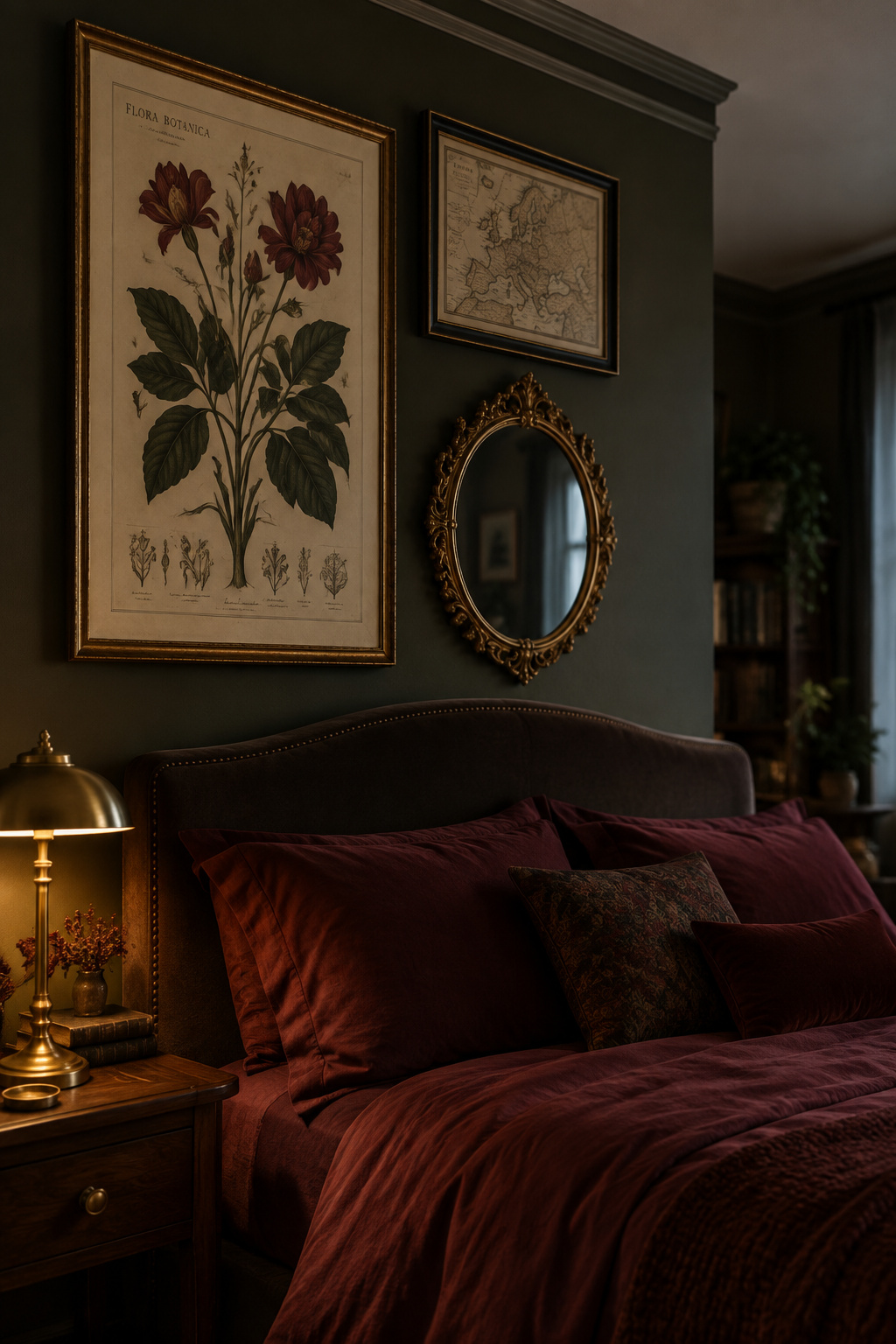 Finished dark academia bedroom wall combining a large botanical print, a small antique map and an ornate mirror above a headboard