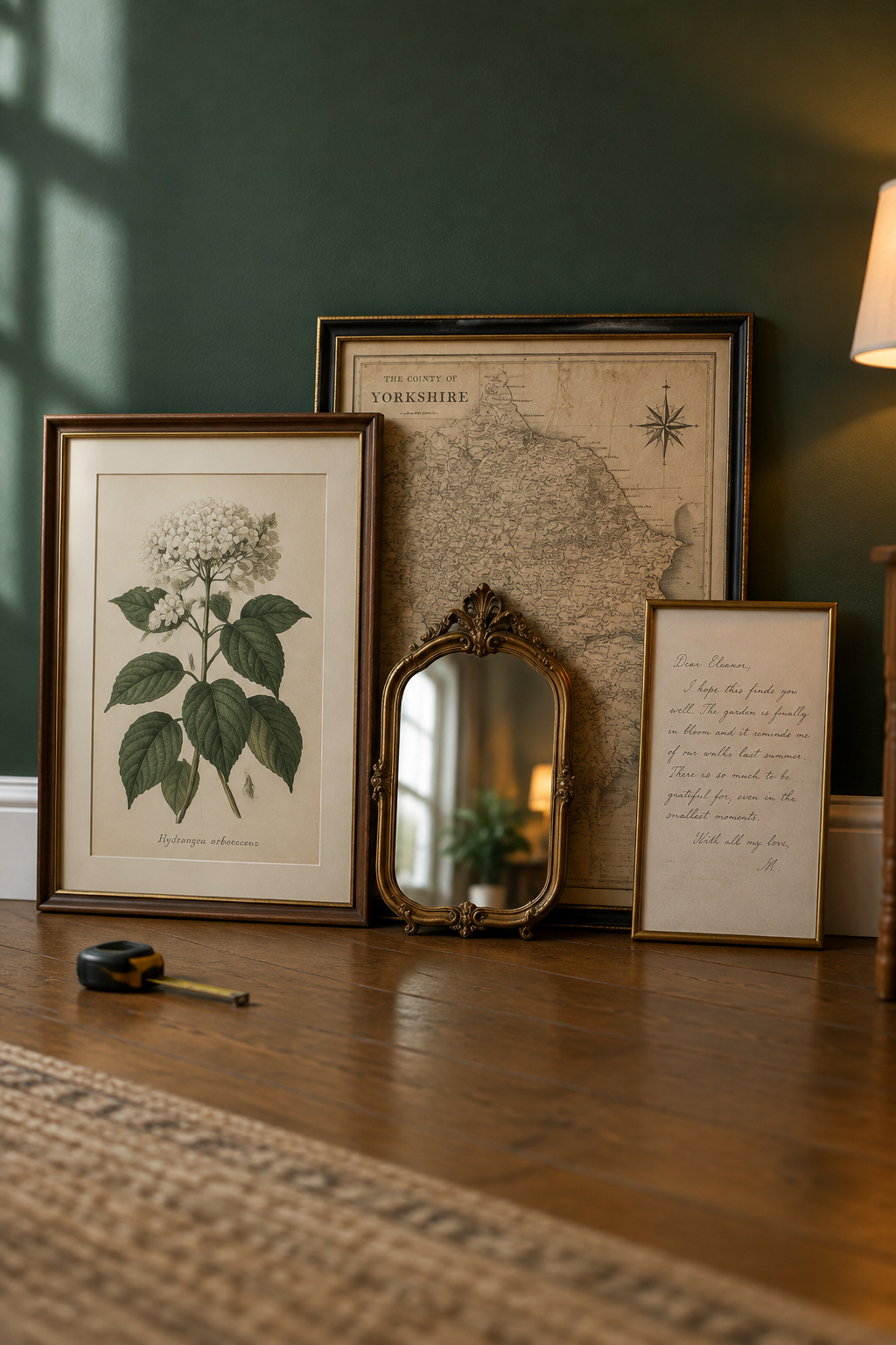 Four framed dark academia wall decor options leaning against a wall: a botanical print, a sepia map, an ornate mirror and a framed document