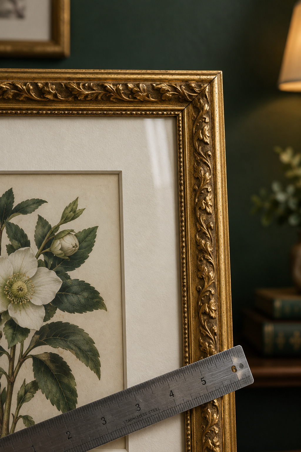 Close-up corner of a framed botanical print showing a cream mat, gilded moulding and UV-filtering glass edge