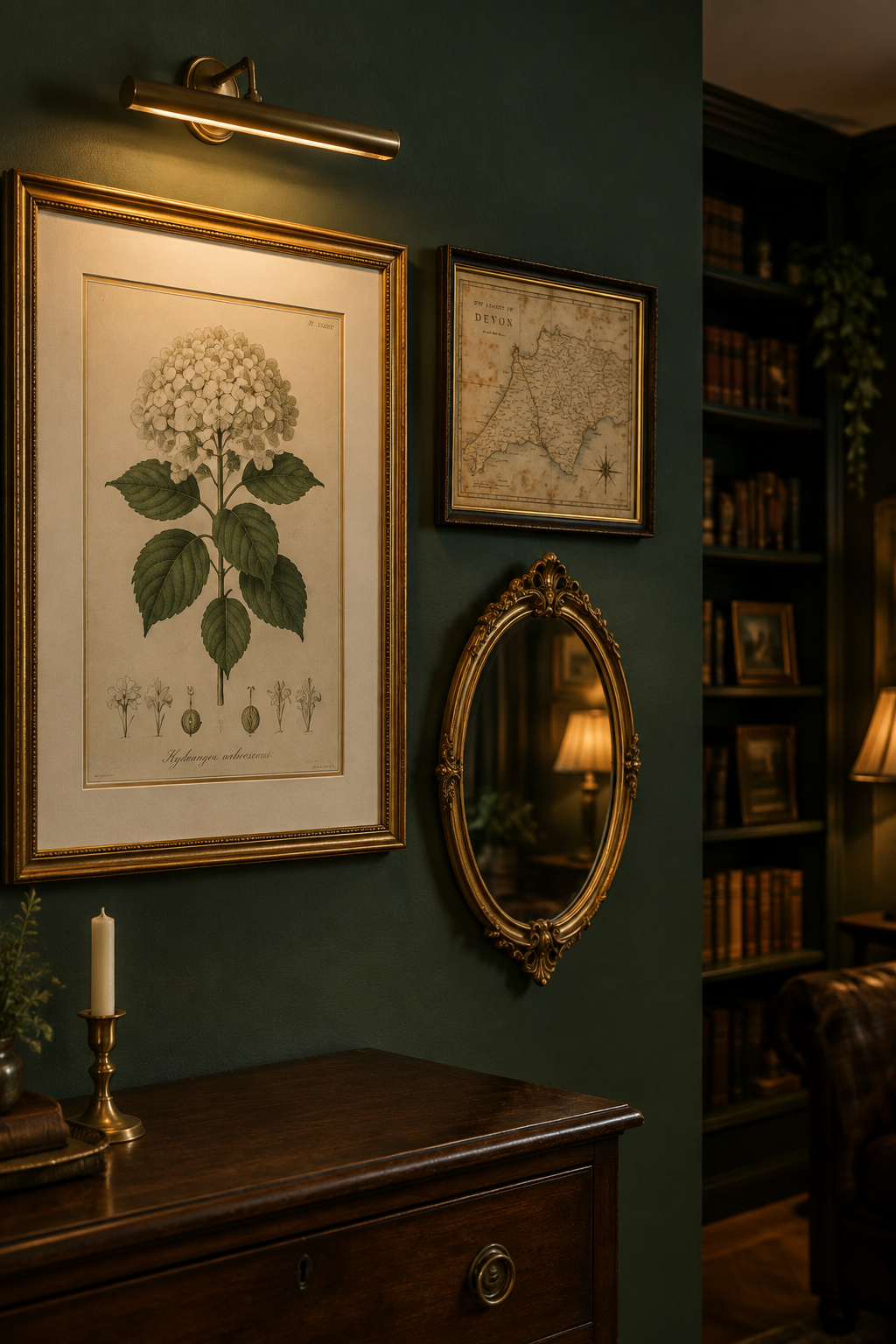 Framed botanical print, small antique map and ornate brass mirror grouped together on a bottle green dark academia wall