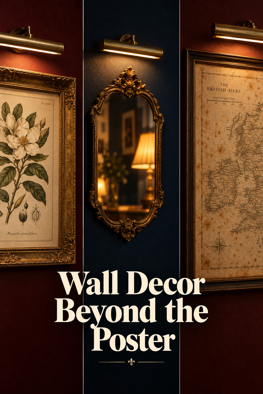 Three-panel dark academia wall decor collage: a gilt botanical print, an ornate mirror, and a foxed antique map in frames