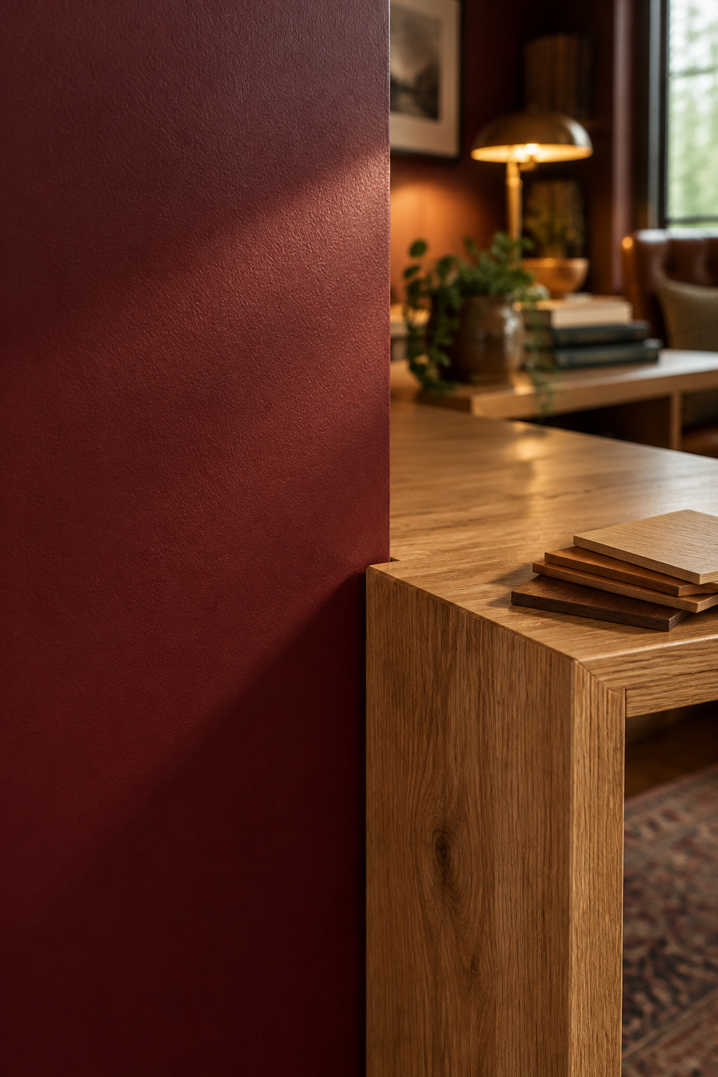 A raw wood furniture edge held against a finished oxblood wall for a wood-tone comparison, with wood sample chips nearby