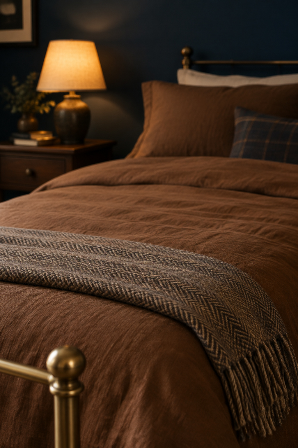 A single tobacco-brown linen duvet and one folded wool throw on a dark academia bed, lit by one warm lamp