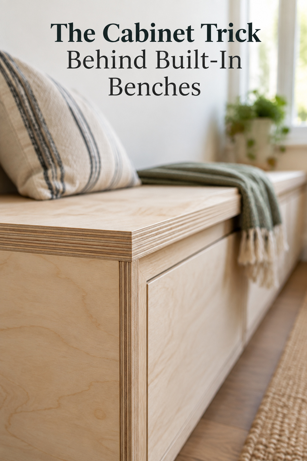 Pinterest collage of three build stages for a DIY banquette bench made from stock kitchen cabinets, with the headline The Cabinet Trick Behind Built-In Benches