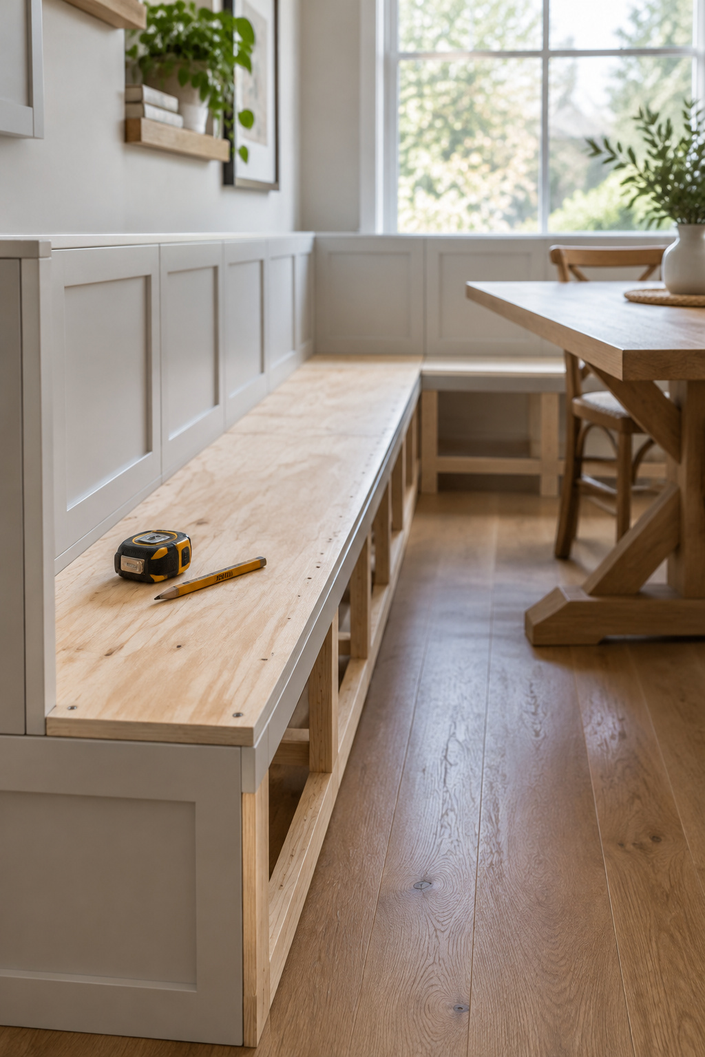 Built-in banquette bench along a kitchen corner, its base made from stock wall cabinets on a painted ladder toe kick, capped with an oak seat deck