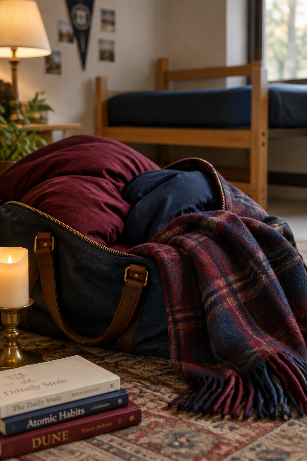 Oxblood and navy dorm bedding and a throw packed on top of an open duffel bag, ready to be the first thing unpacked
