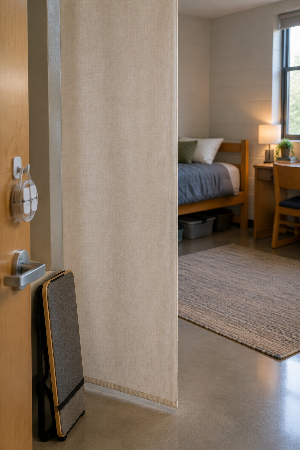 A dorm room being packed down at year's end, with a fabric wall panel coming down cleanly off an unmarked cinder-block wall