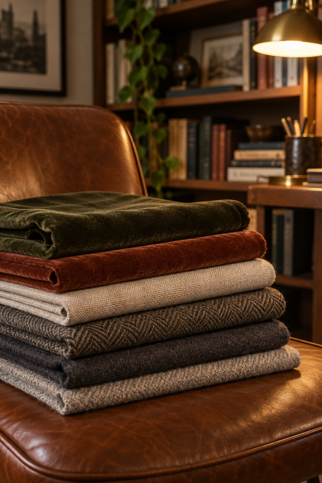 Folded oxblood velvet, ink-navy linen and charcoal wool fabric samples stacked on a leather reading chair under warm lamp light