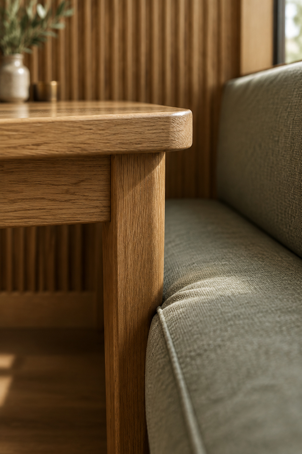 Corner leg of a four-leg oak dining table sitting in the narrow gap between the tabletop and a cognac leather banquette bench