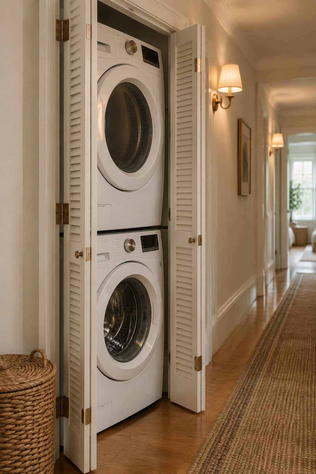 Hallway cupboard with louvered bifold doors folded open to reveal a stacked white washer and dryer