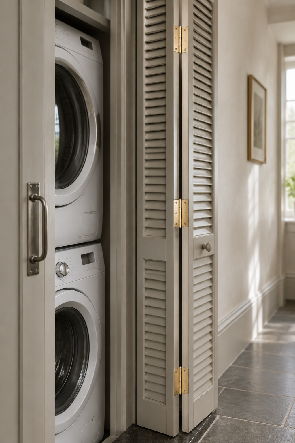 Painted louvered bifold door folded open beside a stacked washer and dryer in a period corridor cupboard