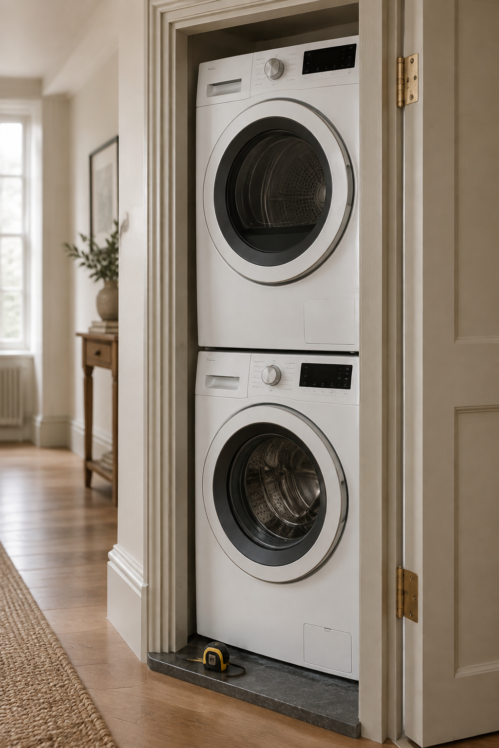 Compact 24-inch stacked washer and dryer fitted inside a shallow period cupboard frame with a tape measure nearby