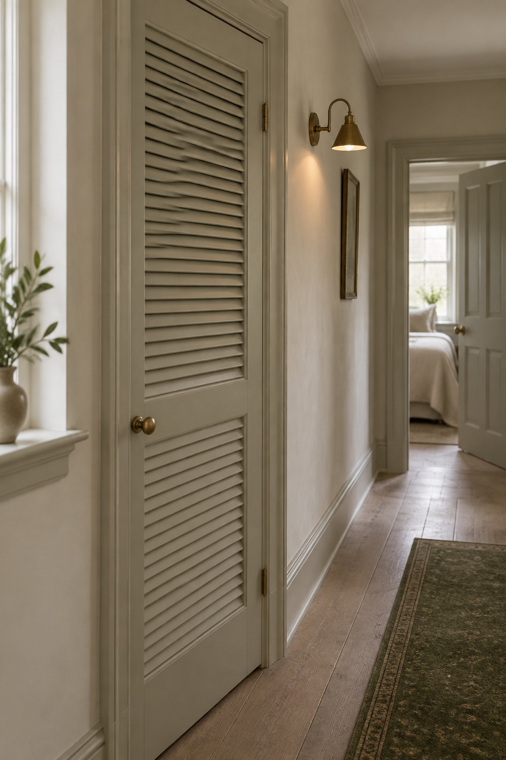 Closed louvered laundry cupboard door in a period corridor with a bedroom door visible down the hallway
