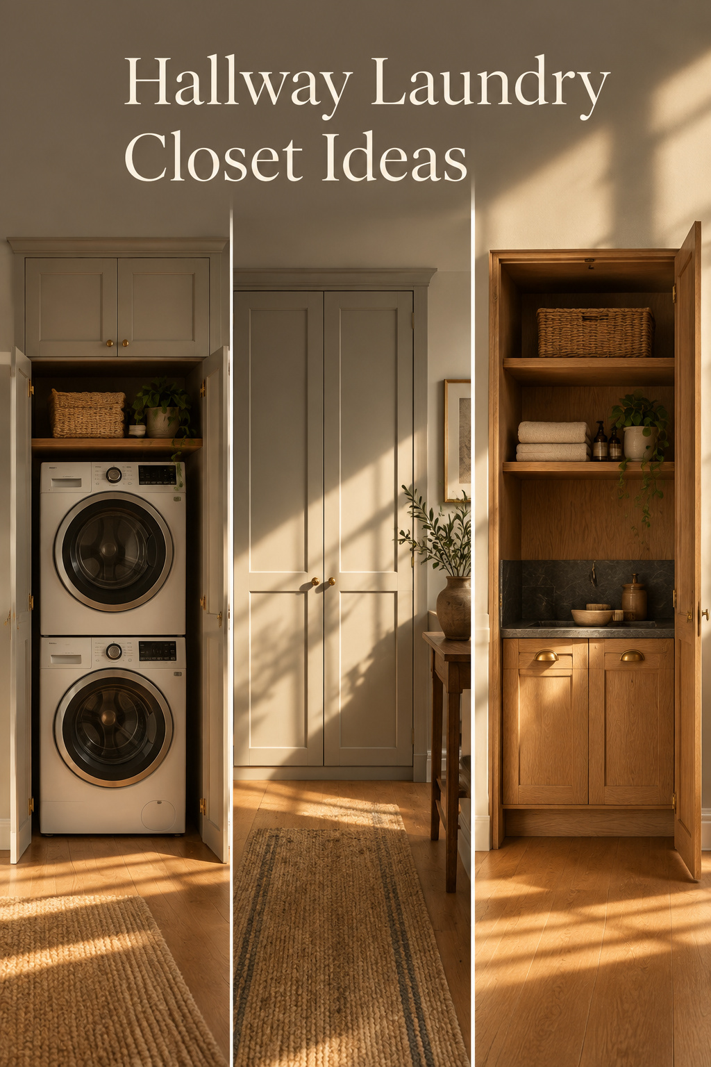 Pinterest pin collage of a hallway laundry closet with a louvered door, brass hardware detail, and a seagrass basket on a stone shelf