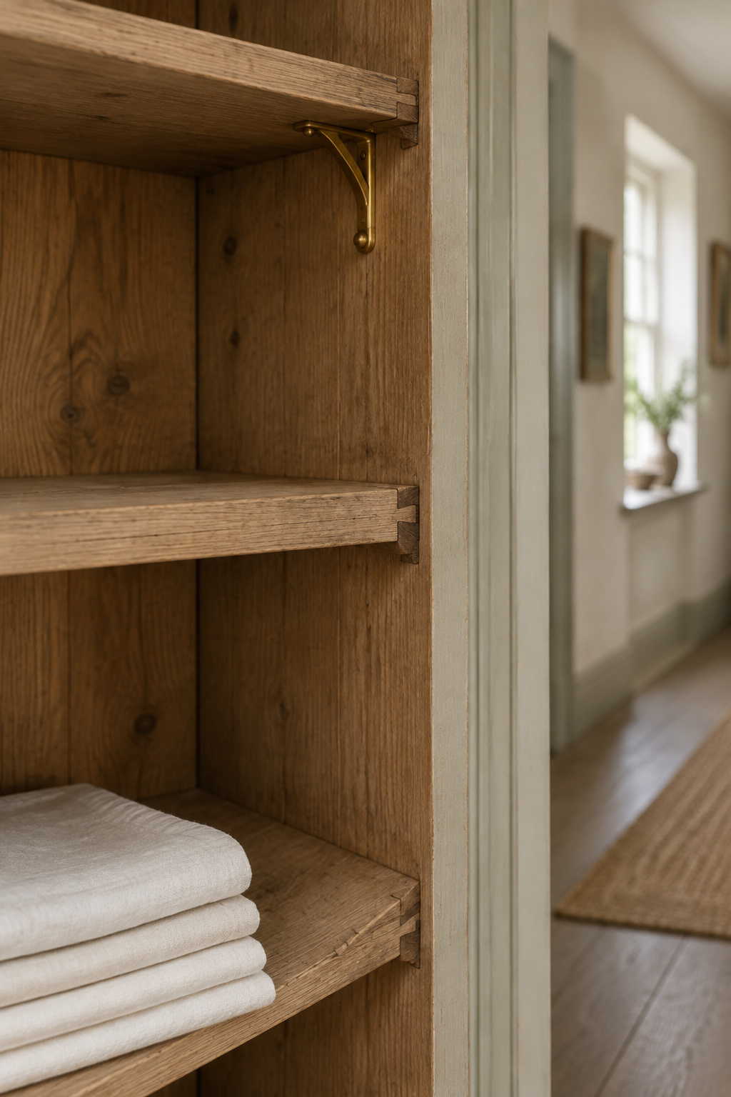 Open period linen-press cupboard shelving with dovetail joints and folded white linens