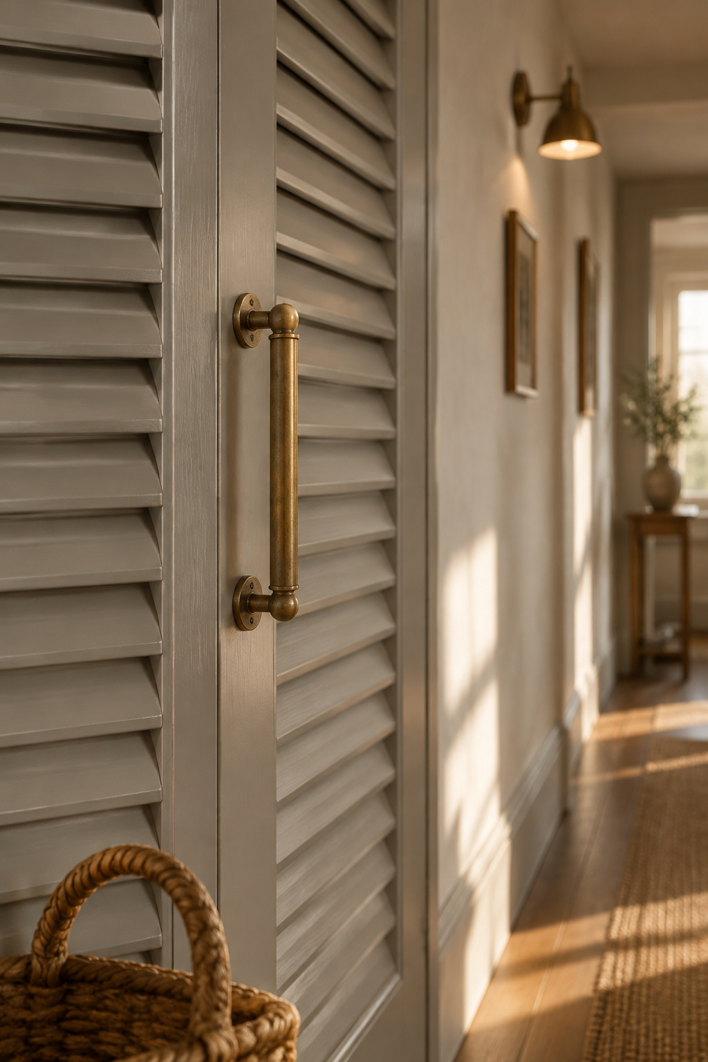Putty-painted louvered laundry cupboard door with an unlacquered brass door pull showing early patina