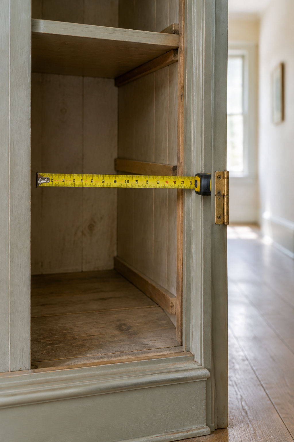 Tape measure extended across the interior depth of an empty original hallway cupboard frame