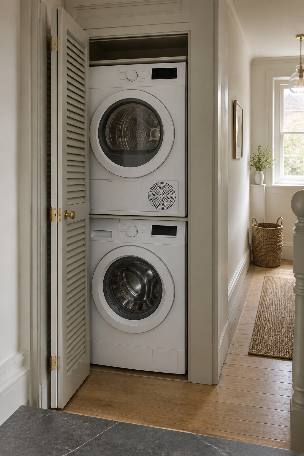 White stacked washer and dryer inside an original panelled landing cupboard in a period hallway with a louvered door folded open