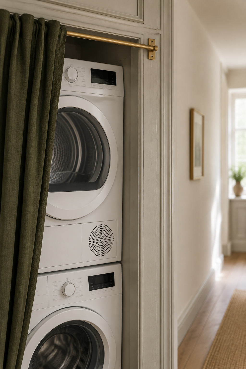 Original panelled landing cupboard frame with a curtain drawn back to reveal a stacked washer and dryer