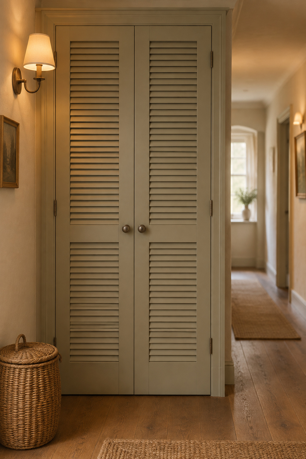 Painted louvred cupboard doors with aged-nickel hardware concealing a laundry stack in a hallway alcove