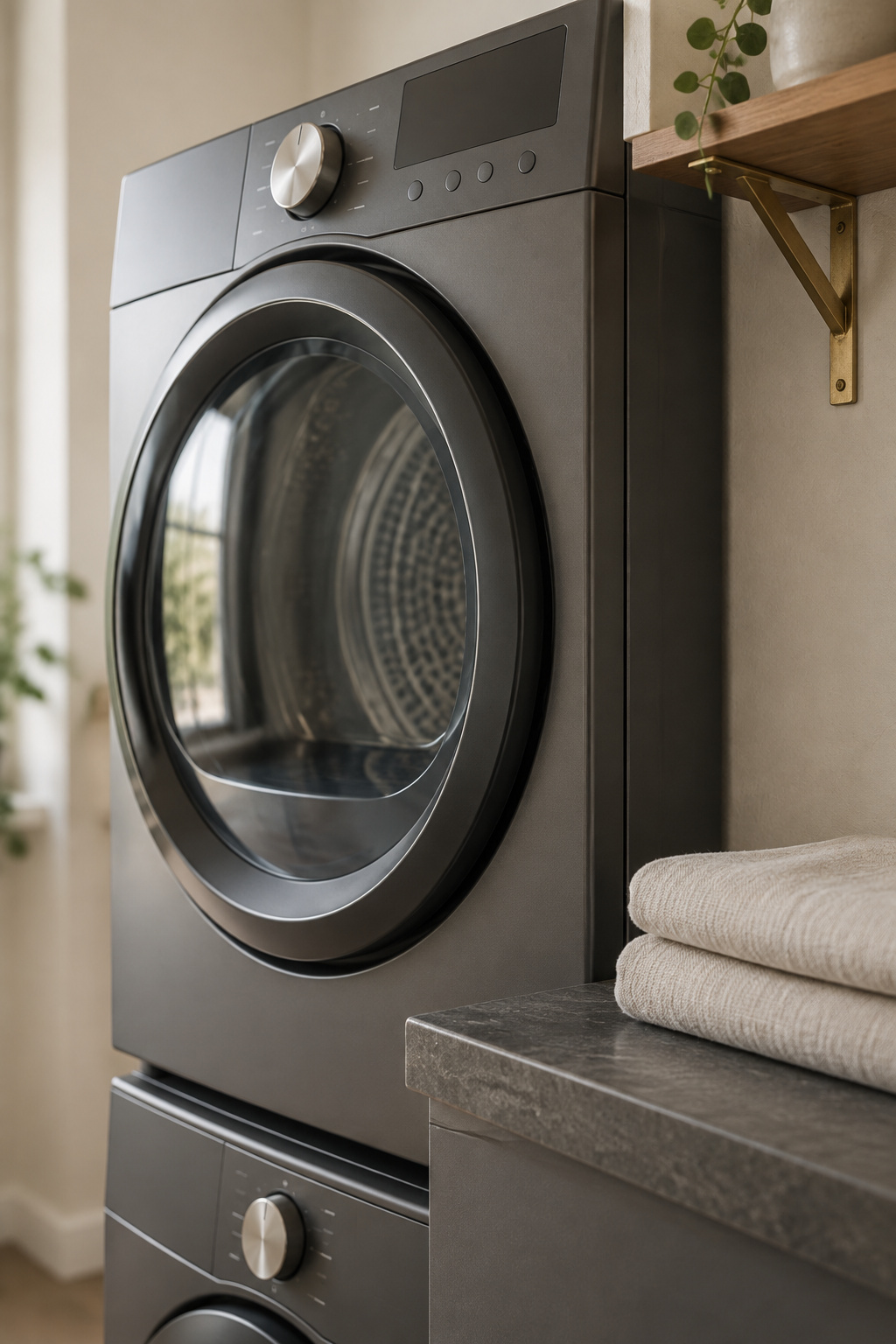 Close detail of a graphite heat-pump dryer's control dial and door seal on a stacked washer, folded linen towels beside it
