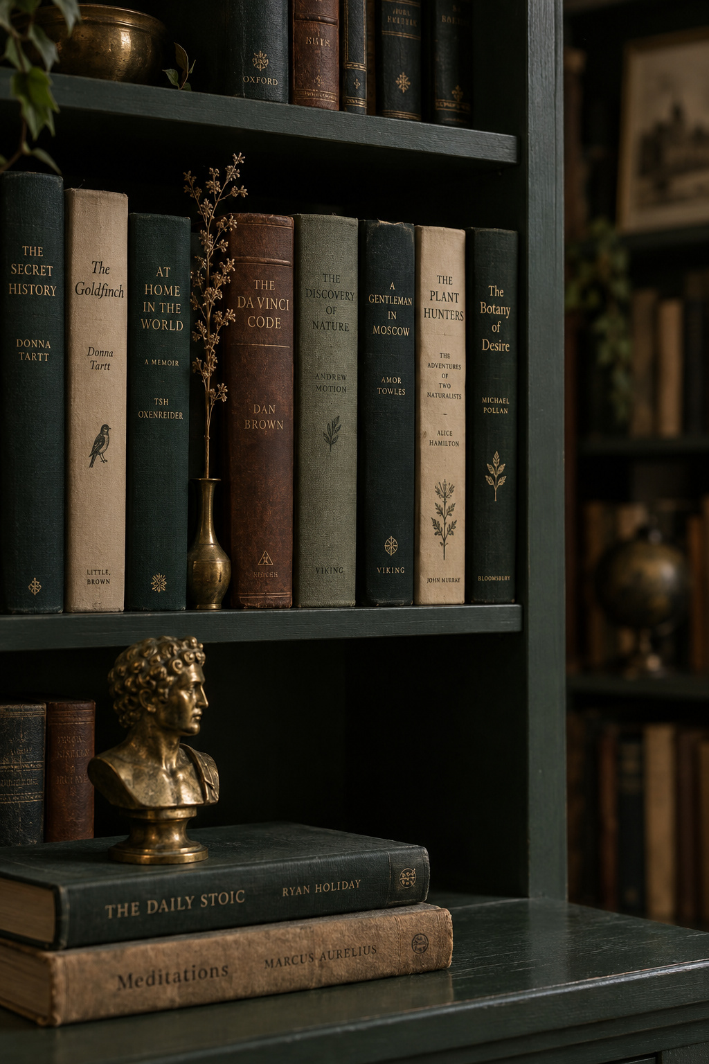 Bookshelf styled with spines facing outward and titles legible, sparse brass and botanical accents rather than filler decor