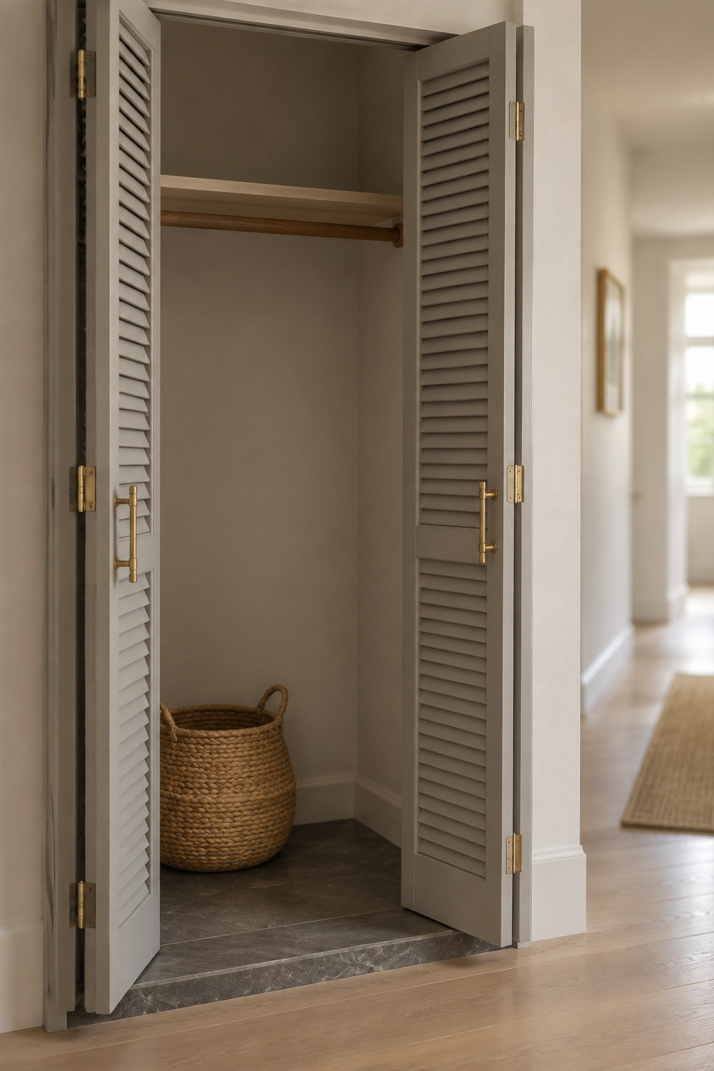 Empty interior closet alcove with louvered putty doors and no exterior wall for a dryer vent duct